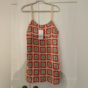 Zara crochet floral dress. Cream, bright pink and orange, green flowers